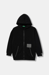 Dětská bavlněná mikina United Colors of Benetton černá barva, s kapucí, hladká, 3NBMC505H