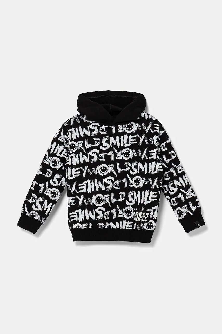 Dětská bavlněná mikina United Colors of Benetton černá barva, s kapucí, vzorovaná, 34GTC204K