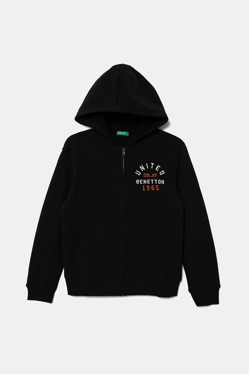 Dětská bavlněná mikina United Colors of Benetton černá barva, s kapucí, vzorovaná, 3J68C505C