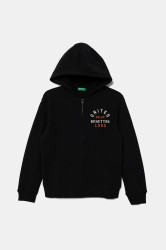 Dětská bavlněná mikina United Colors of Benetton černá barva, s kapucí, vzorovaná, 3J68C505C