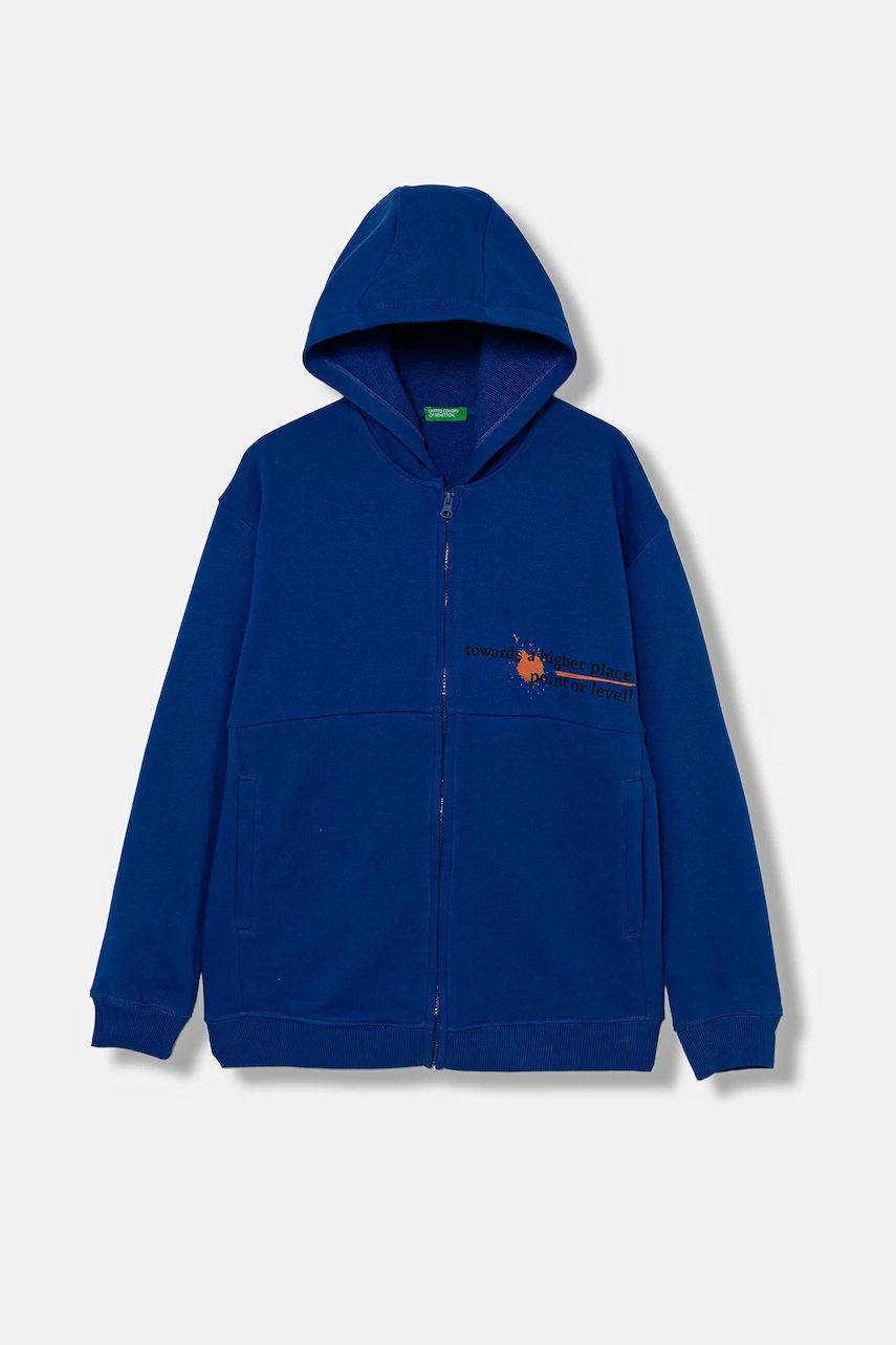 Dětská bavlněná mikina United Colors of Benetton modrá barva, s kapucí, s potiskem, 3J68C505G