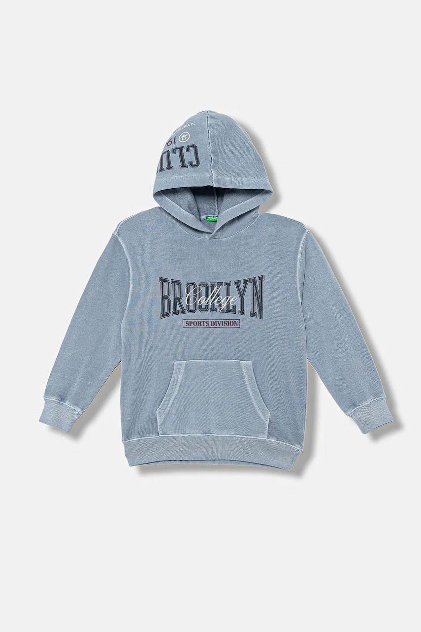 Dětská bavlněná mikina United Colors of Benetton modrá barva, s kapucí, s potiskem, 3WITC2054