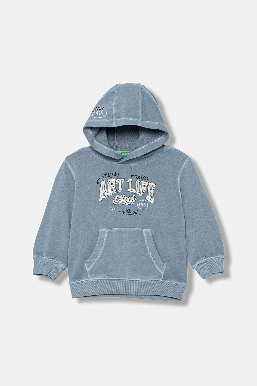 Dětská bavlněná mikina United Colors of Benetton modrá barva, s kapucí, s potiskem, 3WITG2015