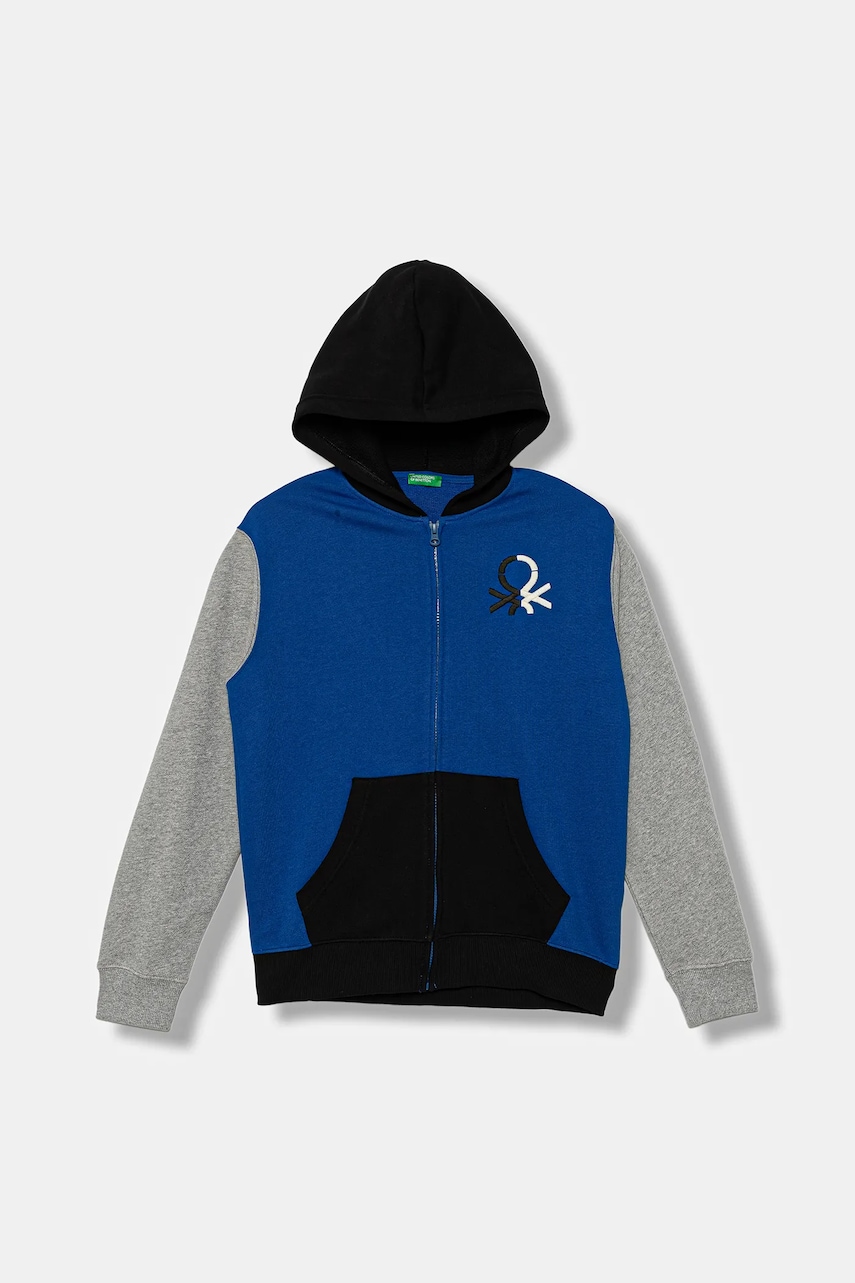 Dětská bavlněná mikina United Colors of Benetton modrá barva, s kapucí, vzorovaná, 3J68C505C