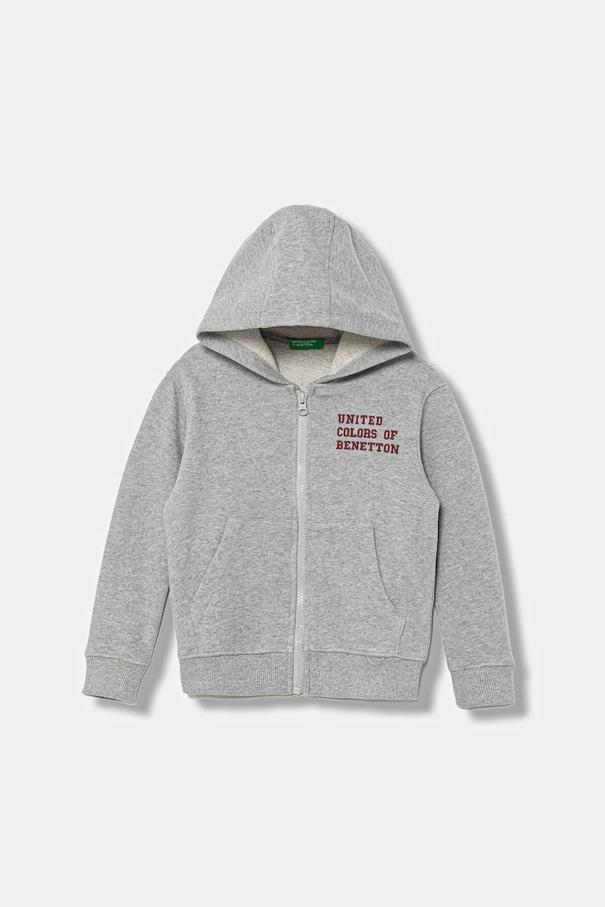 Dětská bavlněná mikina United Colors of Benetton šedá barva, s kapucí, hladká, 3J68G503V