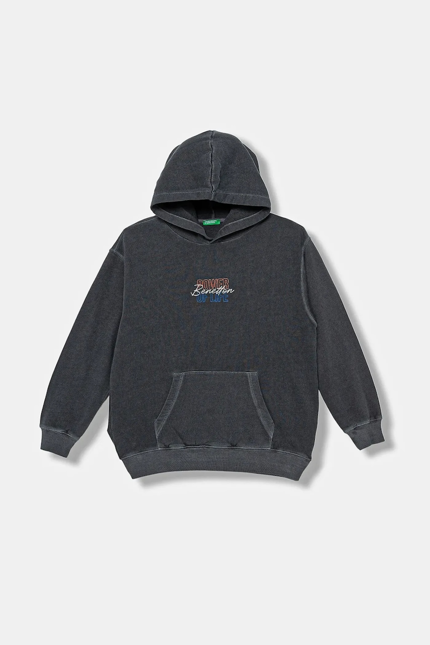 Dětská bavlněná mikina United Colors of Benetton šedá barva, s kapucí, s potiskem, 3WITC2054