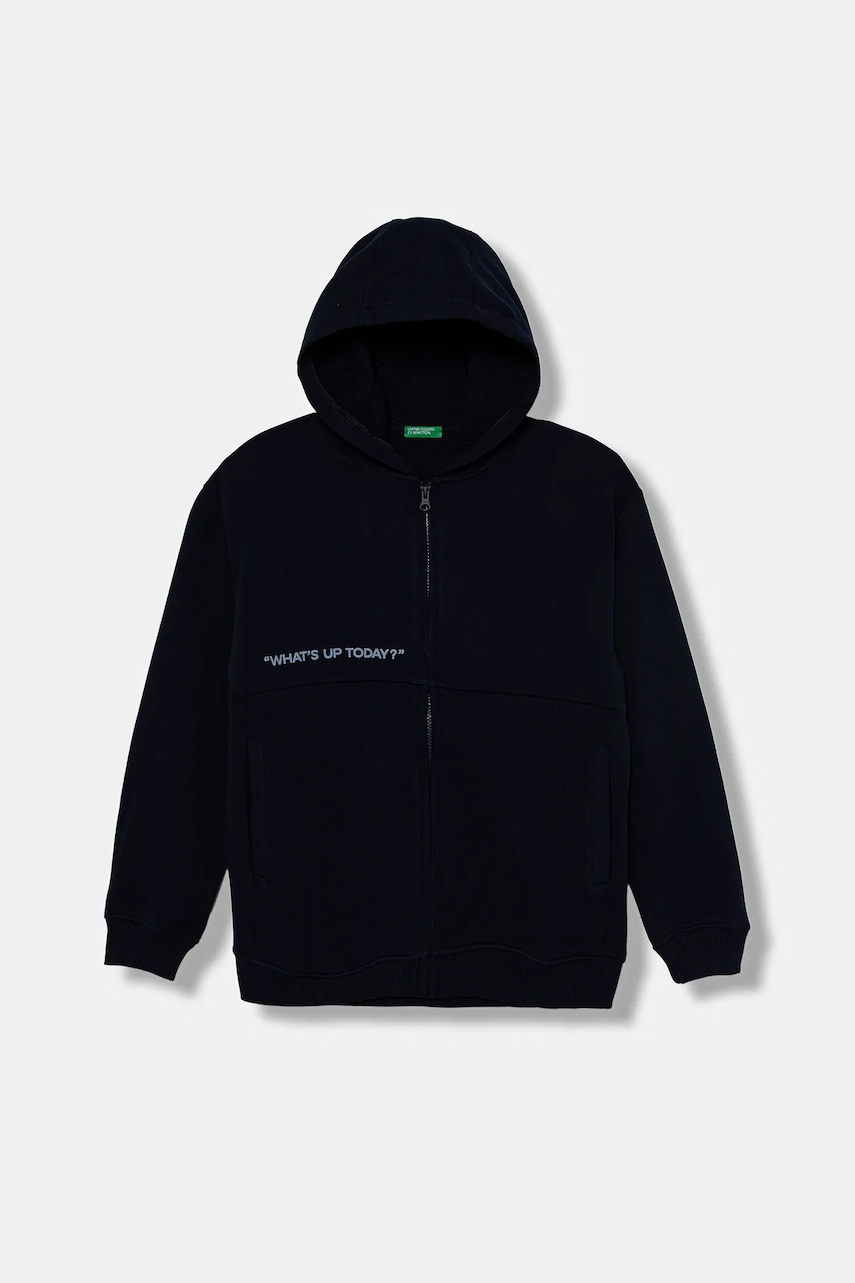 Dětská bavlněná mikina United Colors of Benetton tmavomodrá barva, s kapucí, s potiskem, 3J68C505G