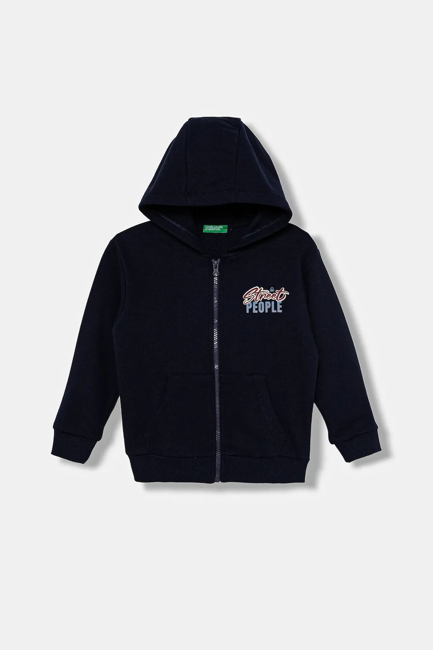 Dětská bavlněná mikina United Colors of Benetton tmavomodrá barva, s kapucí, vzorovaná, 3J68G503Y