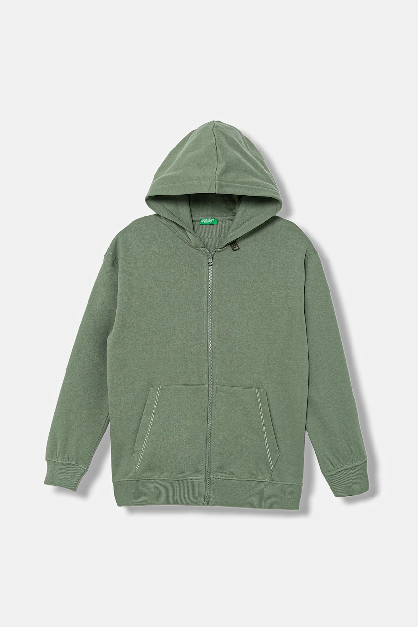 Dětská bavlněná mikina United Colors of Benetton zelená barva, s kapucí, hladká, 3NBMC505H