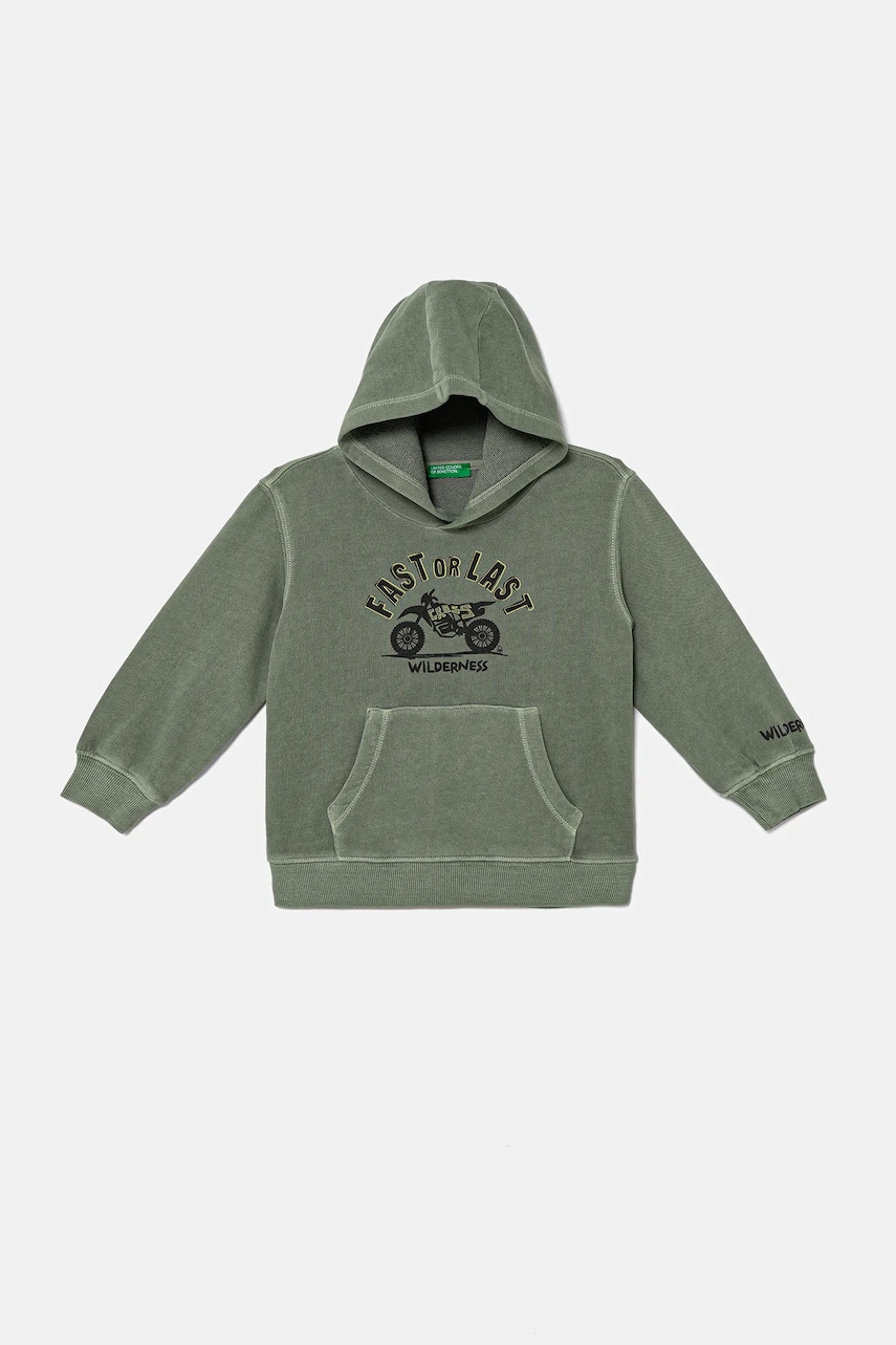 Dětská bavlněná mikina United Colors of Benetton zelená barva, s kapucí, s potiskem, 3WITG2015