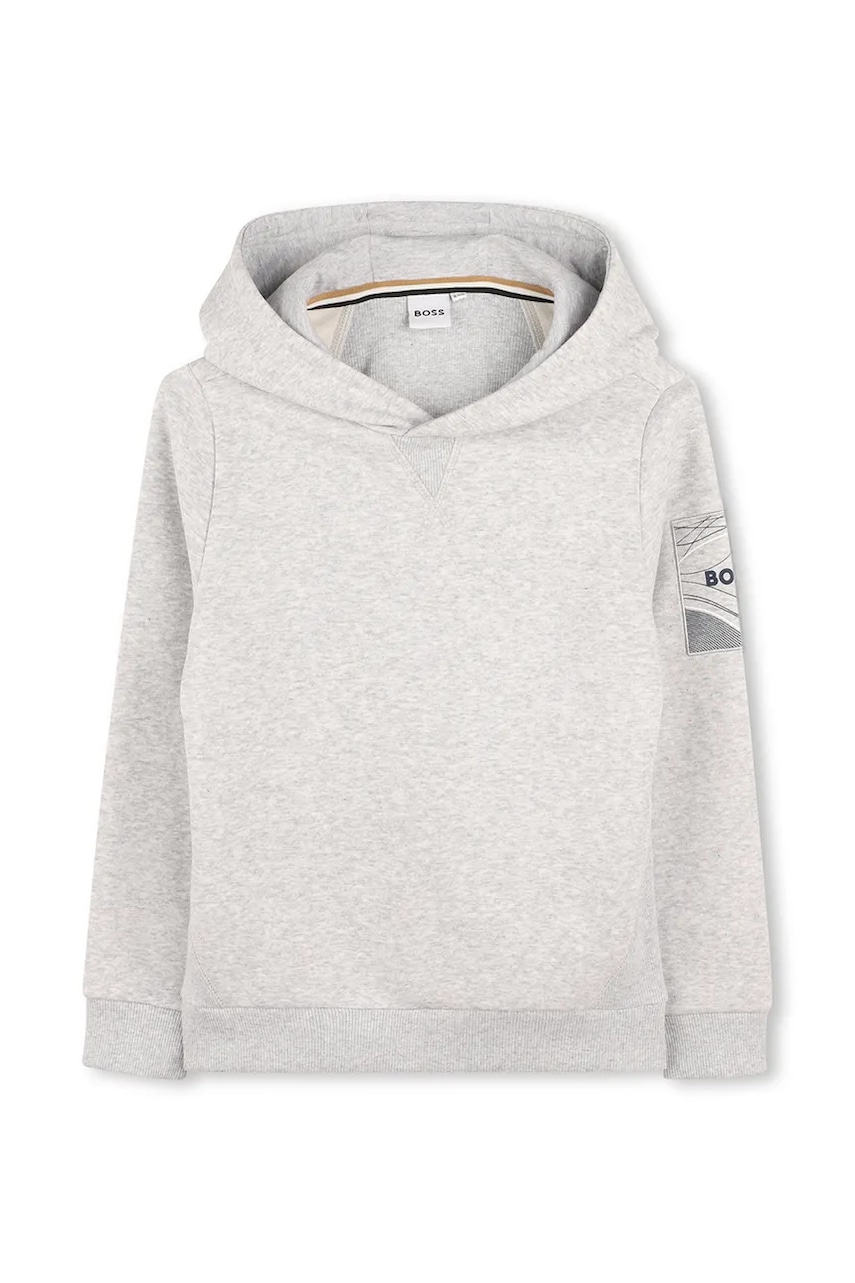 Dětská mikina BOSS šedá barva, s kapucí, hladká, J52354