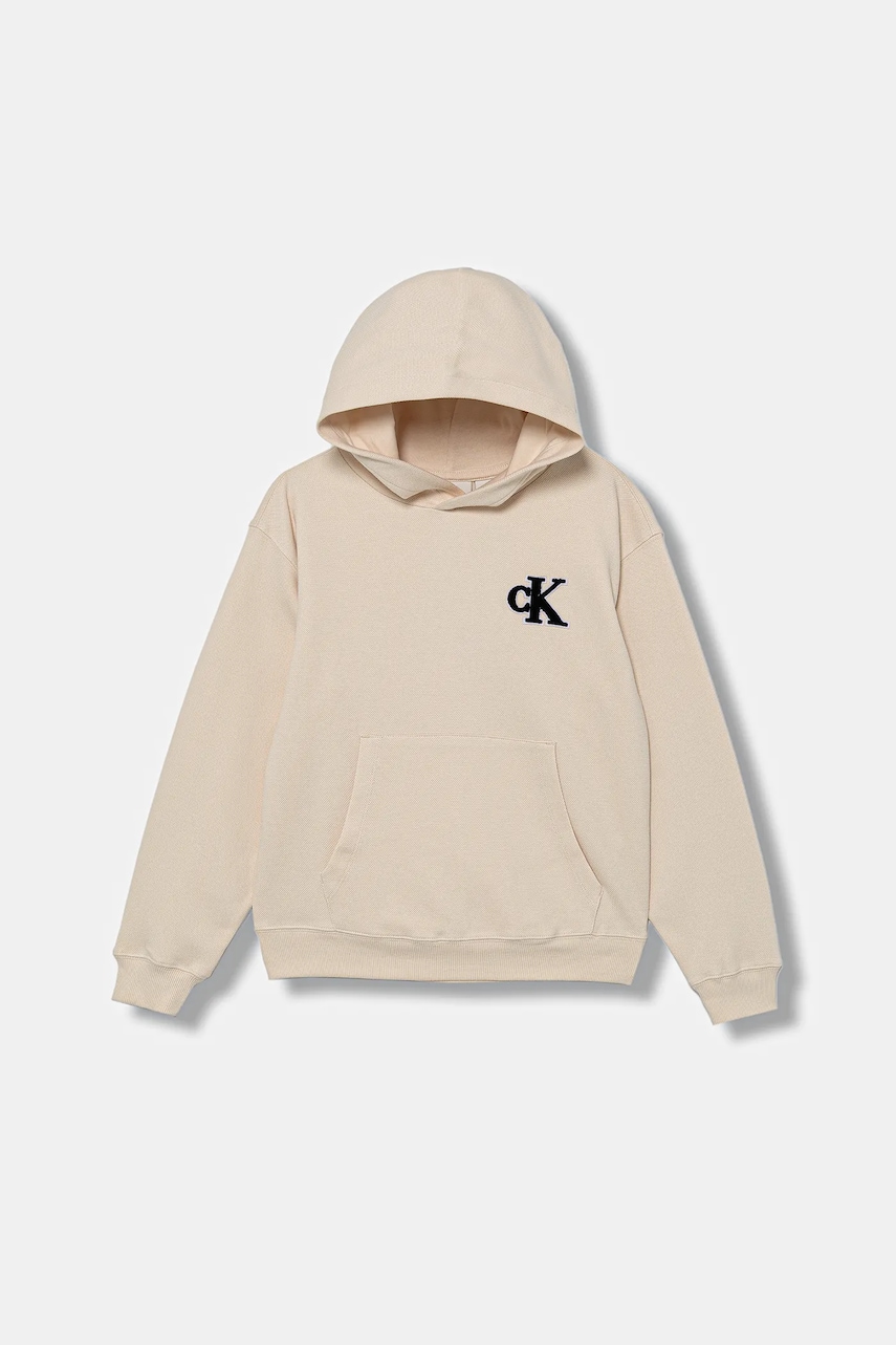 Dětská mikina Calvin Klein Jeans béžová barva, s kapucí, hladká, IB0IB02561