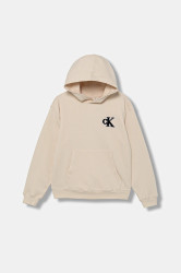 Dětská mikina Calvin Klein Jeans béžová barva, s kapucí, hladká, IB0IB02561
