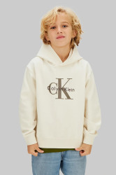 Dětská mikina Calvin Klein Jeans béžová barva, s kapucí, s potiskem, IB0IB02615