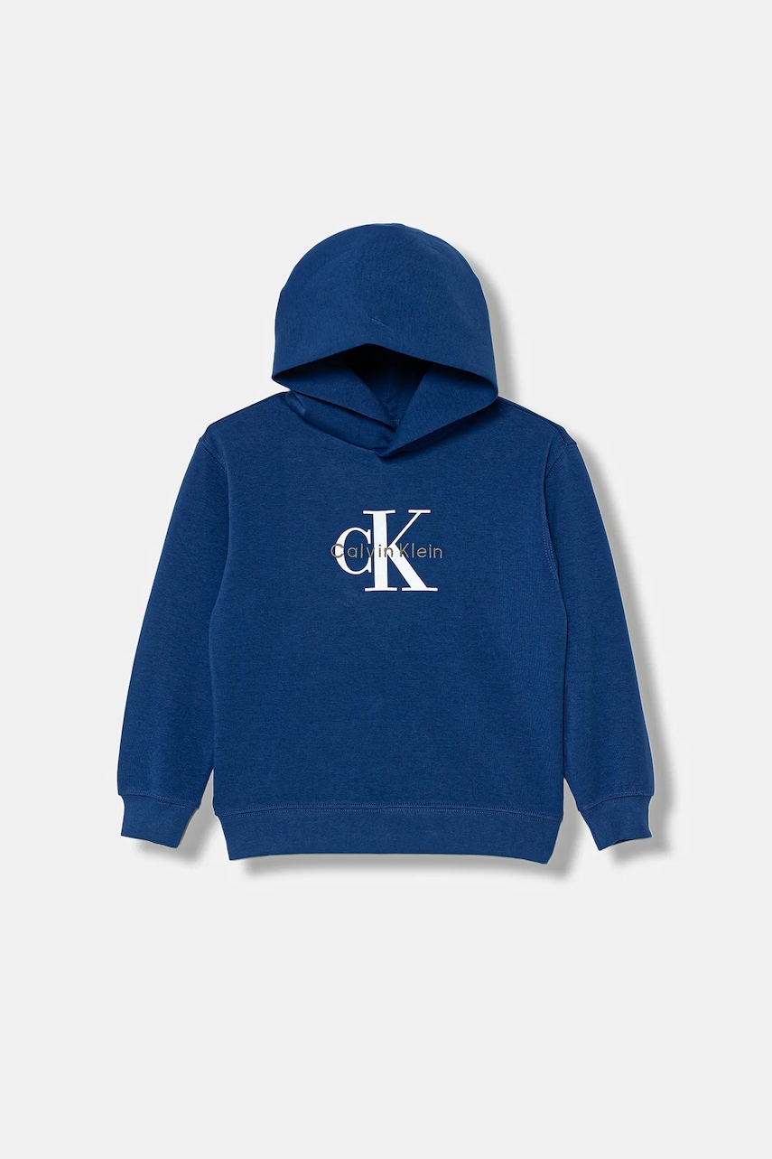 Dětská mikina Calvin Klein Jeans modrá barva, s kapucí, s potiskem, IB0IB02615