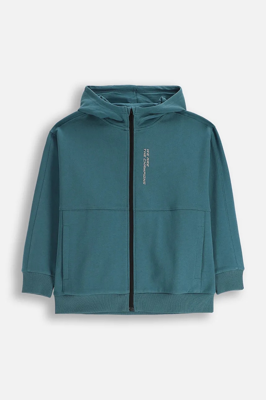 Dětská mikina Coccodrillo zelená barva, s kapucí, hladká, CITY RACING BOY JUNIOR