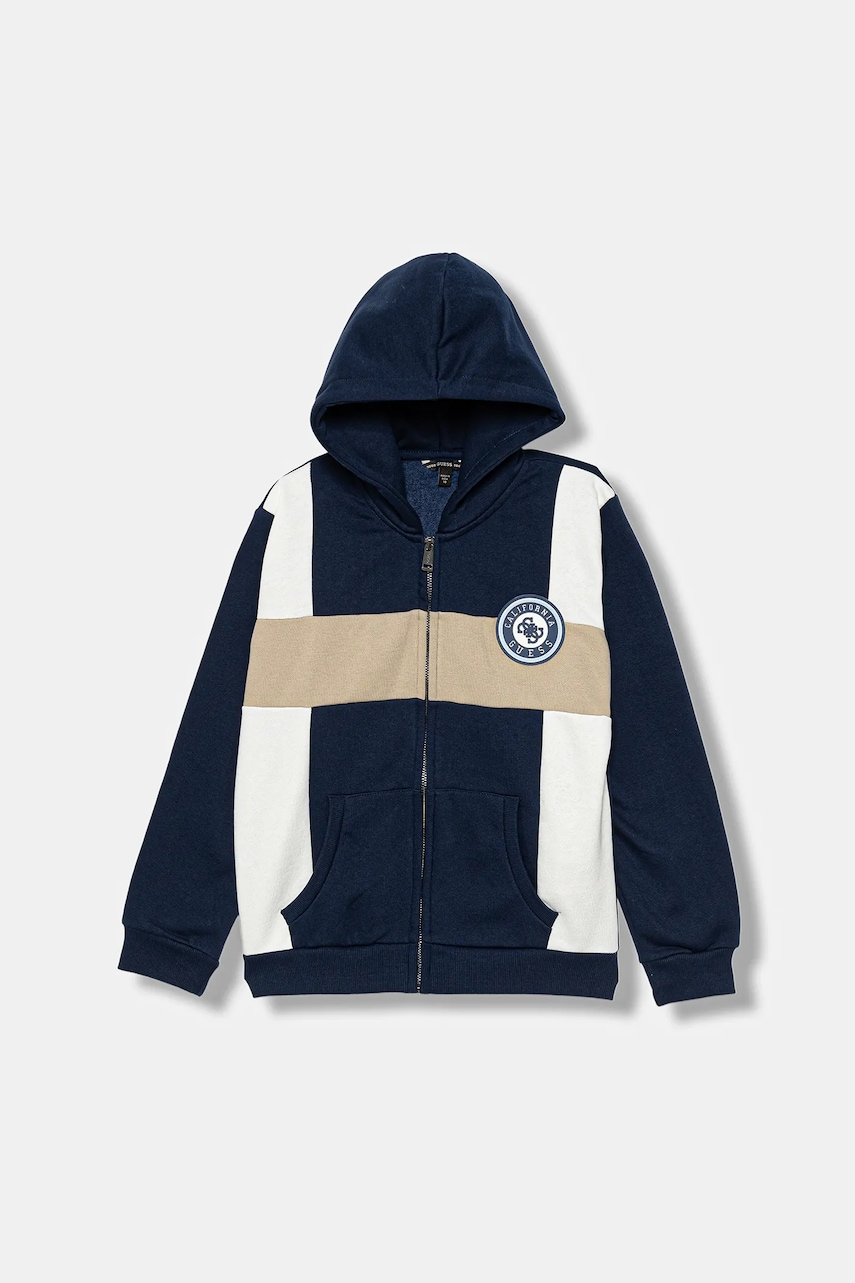 Dětská mikina Guess tmavomodrá barva, s kapucí, vzorovaná, L5BQ00 KCKF2