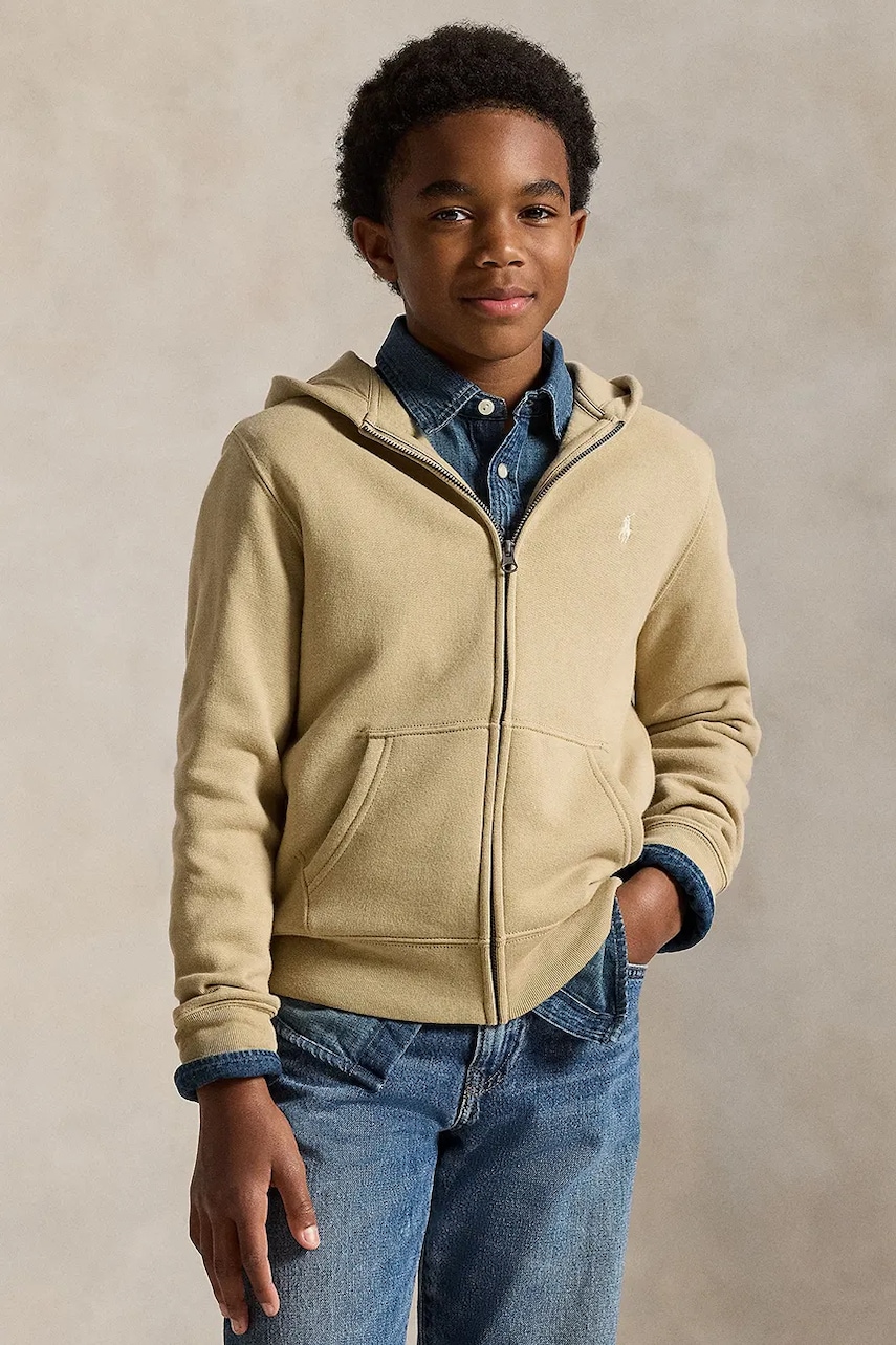 Dětská mikina Polo Ralph Lauren béžová barva, s kapucí, hladká, 323799360503