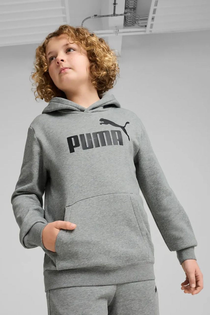 Dětská mikina Puma ESS No. 1 Logo Hoodie FL B šedá barva, s kapucí, s potiskem, 684908