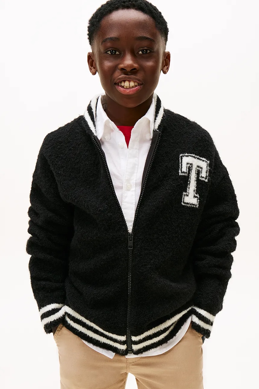 Dětská mikina s příměsí vlny Tommy Hilfiger černá barva, hladká, KB0KB09975