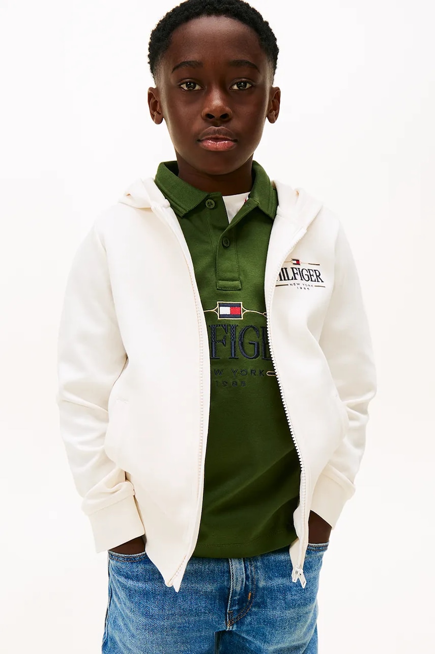 Dětská mikina Tommy Hilfiger bílá barva, s kapucí, hladká, KB0KB10362