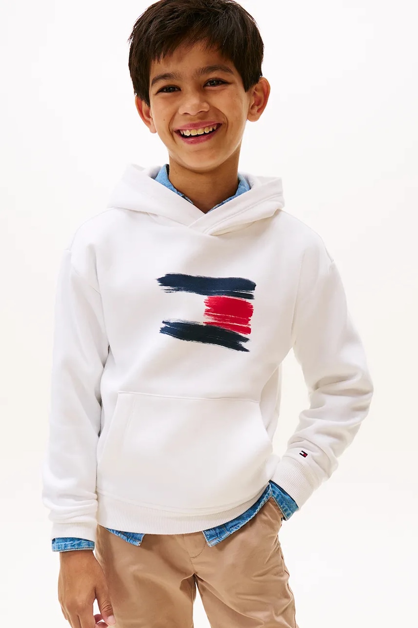 Dětská mikina Tommy Hilfiger bílá barva, s kapucí, s potiskem, KB0KB10112