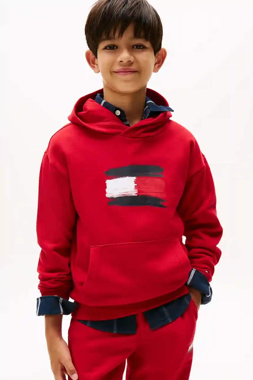 Dětská mikina Tommy Hilfiger červená barva, s kapucí, s potiskem, KB0KB10112