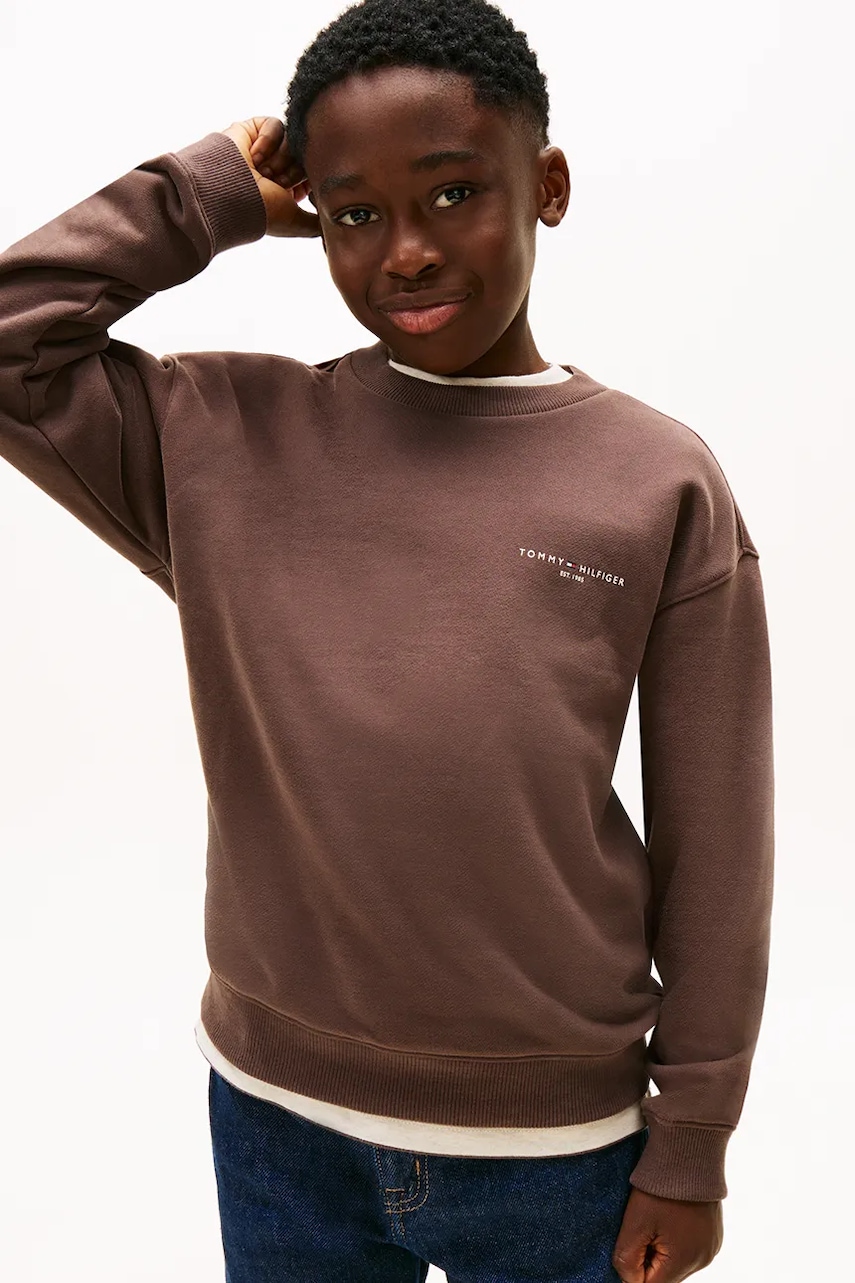 Dětská mikina Tommy Hilfiger hnědá barva, s potiskem, KS0KS00665