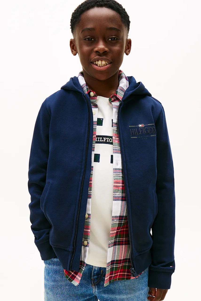 Dětská mikina Tommy Hilfiger tmavomodrá barva, s kapucí, hladká, KB0KB10362