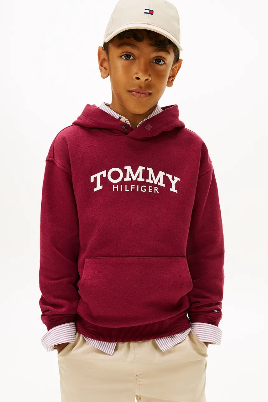 Dětská mikina Tommy Hilfiger vínová barva, s kapucí, melanžová, KB0KB10028