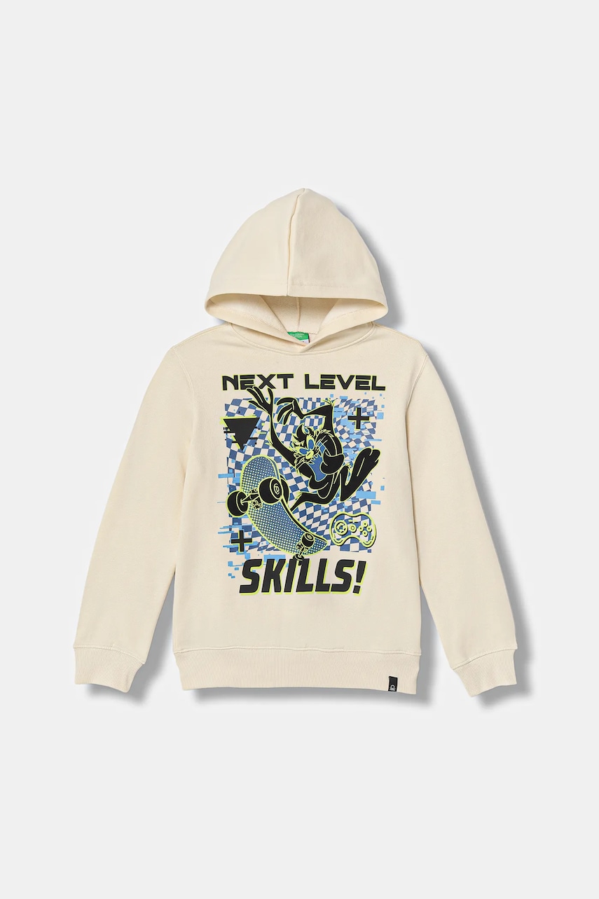 Dětská mikina United Colors of Benetton béžová barva, s kapucí, s potiskem, 3J73C205I