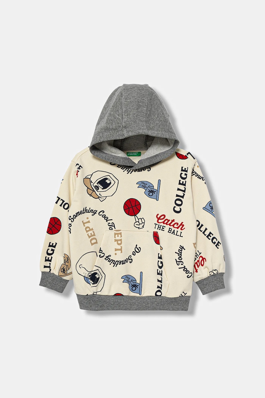 Dětská mikina United Colors of Benetton béžová barva, s kapucí, vzorovaná, 3X7YG2017