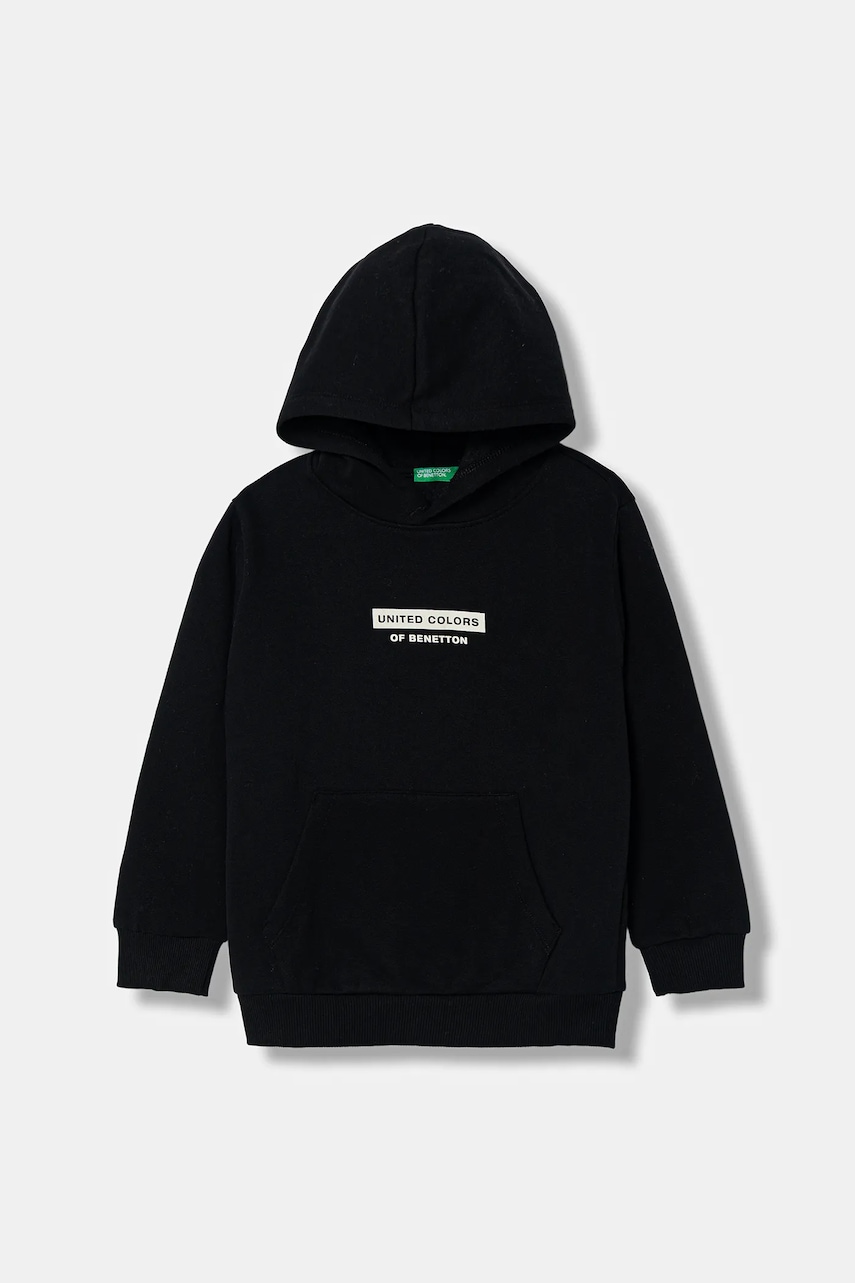 Dětská mikina United Colors of Benetton černá barva, s kapucí, s potiskem, 3EB5C205B