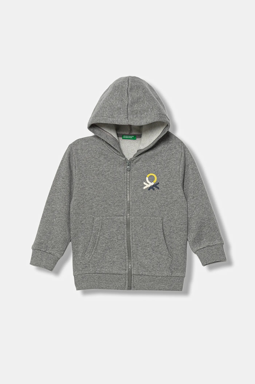Dětská mikina United Colors of Benetton šedá barva, s kapucí, s potiskem, 3EB5G5043