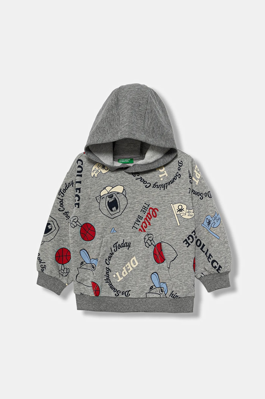 Dětská mikina United Colors of Benetton šedá barva, s kapucí, vzorovaná, 3X7YG2017