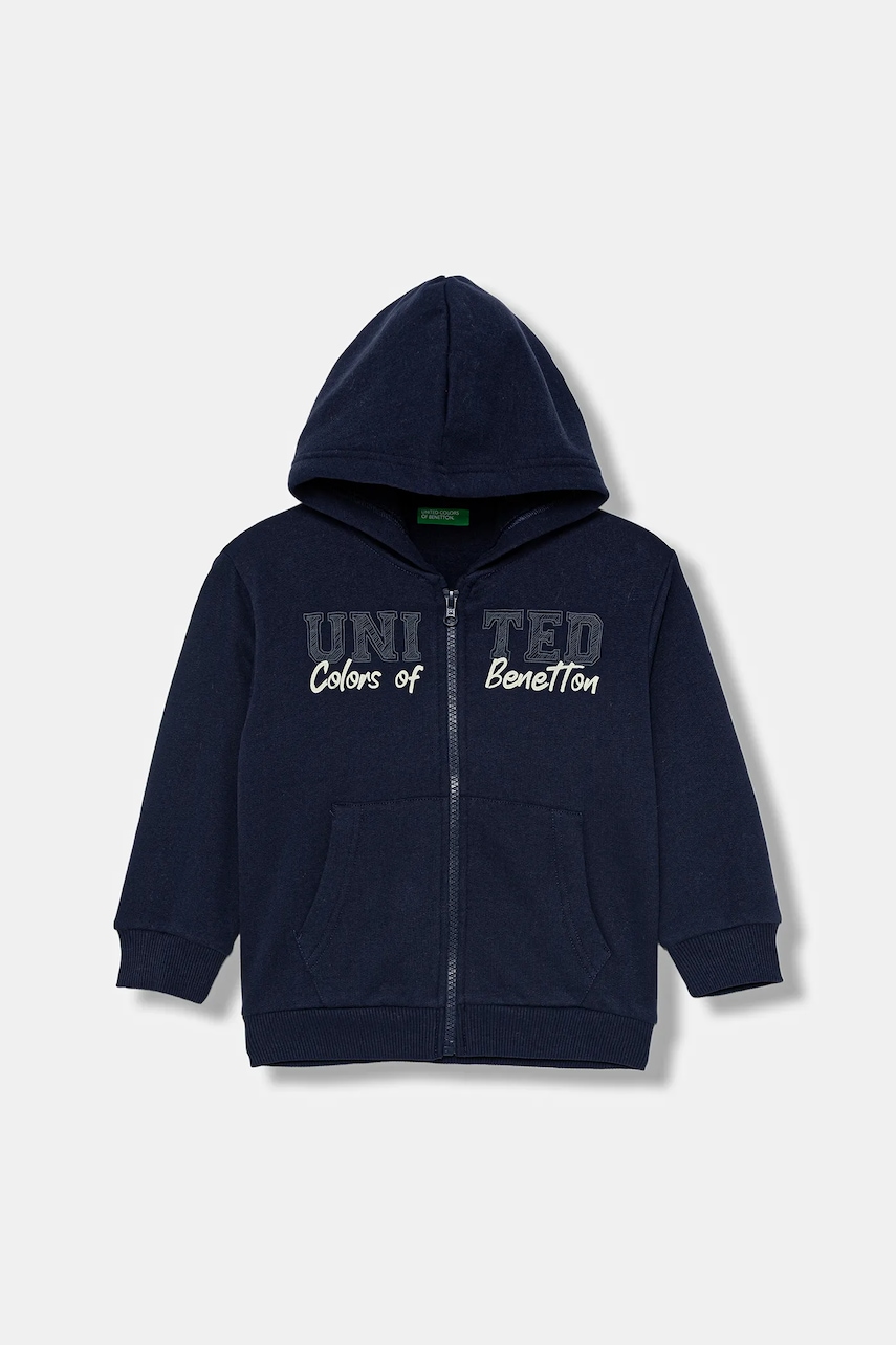 Dětská mikina United Colors of Benetton tmavomodrá barva, s kapucí, s potiskem, 3EB5G5043
