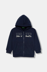 Dětská mikina United Colors of Benetton tmavomodrá barva, s kapucí, s potiskem, 3EB5G5043
