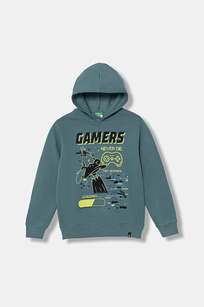 Dětská mikina United Colors of Benetton zelená barva, s kapucí, s potiskem, 3J73C205I