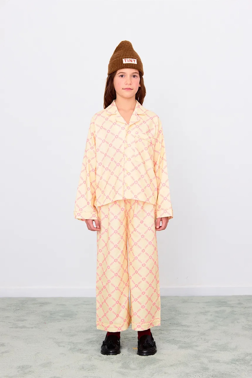 Dětské bavlněné pyžamo Tinycottons FLOWER GRID SET béžová barva, AW25-346