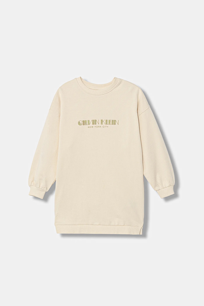 Dětské bavlněné šaty Calvin Klein Jeans béžová barva, mini, IG0IG03092