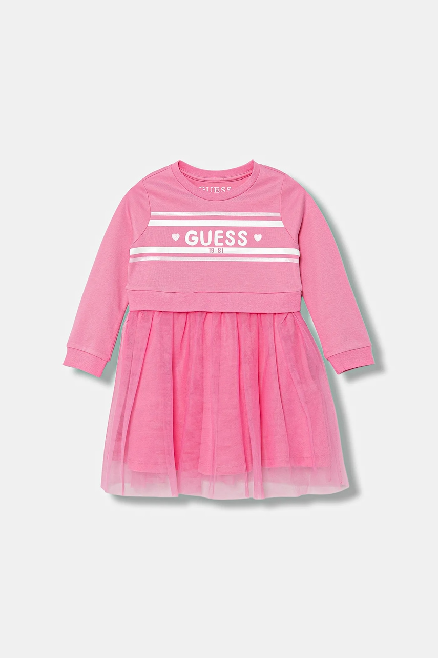 Dětské bavlněné šaty Guess růžová barva, midi, K5YK01 KB8R0