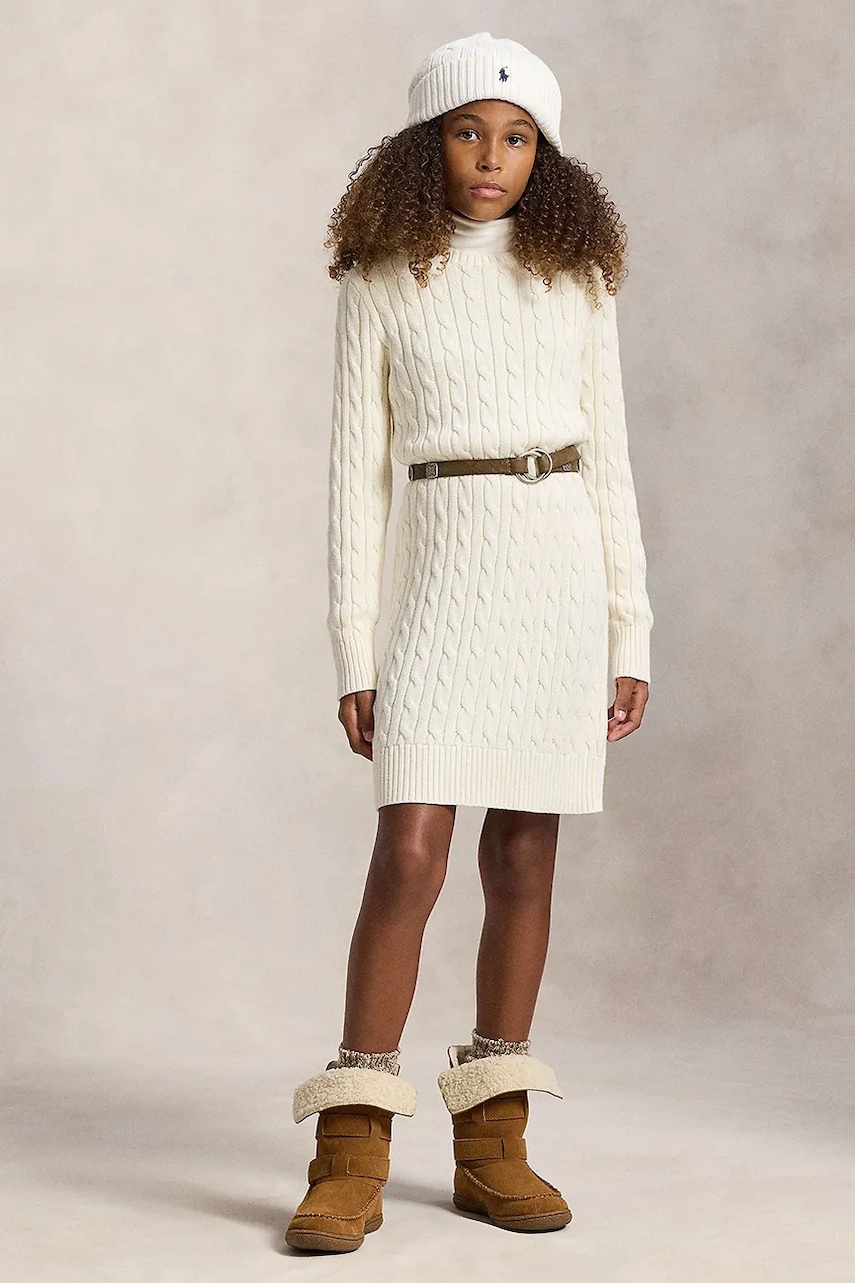 Dětské bavlněné šaty Polo Ralph Lauren béžová barva, mini, přiléhavé, 313978860001