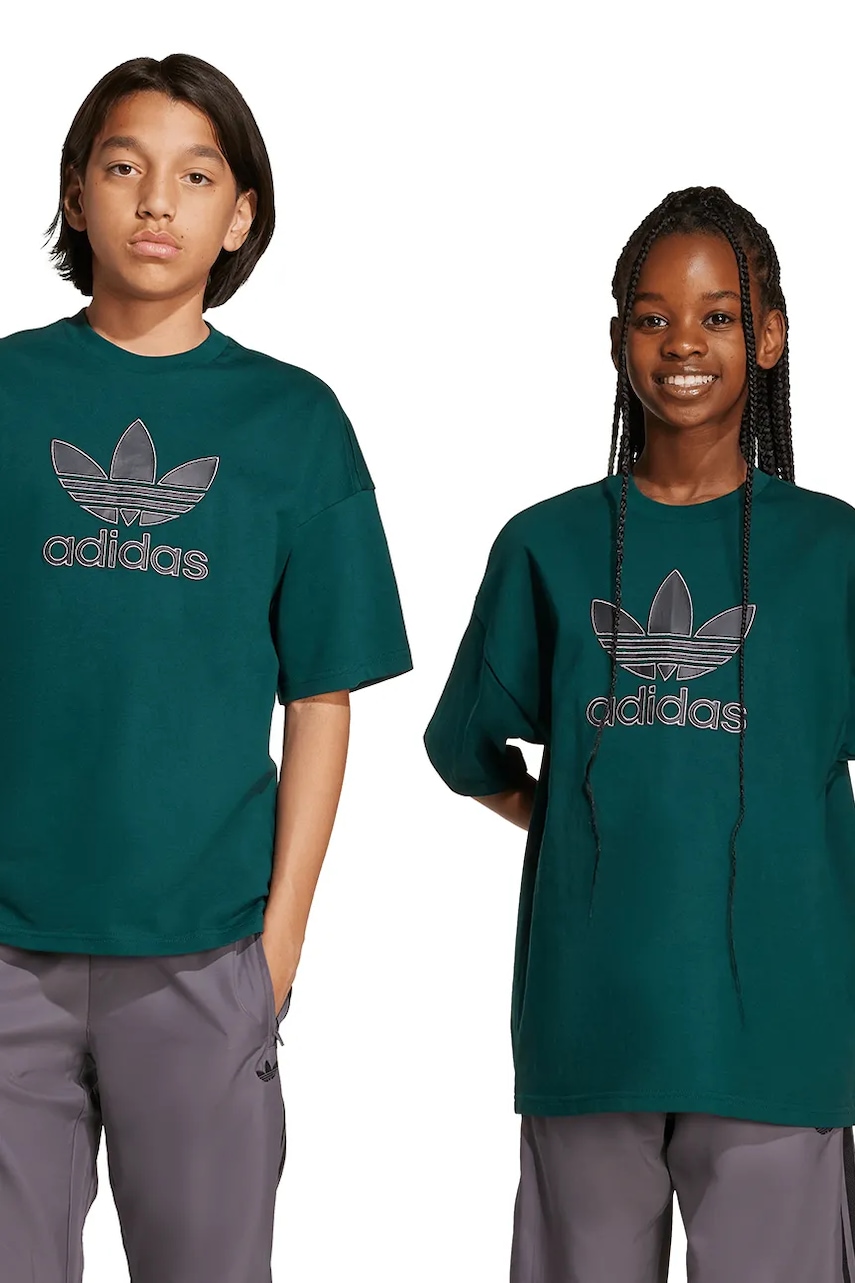 Dětské bavlněné tričko adidas Originals zelená barva, s potiskem, JV8561