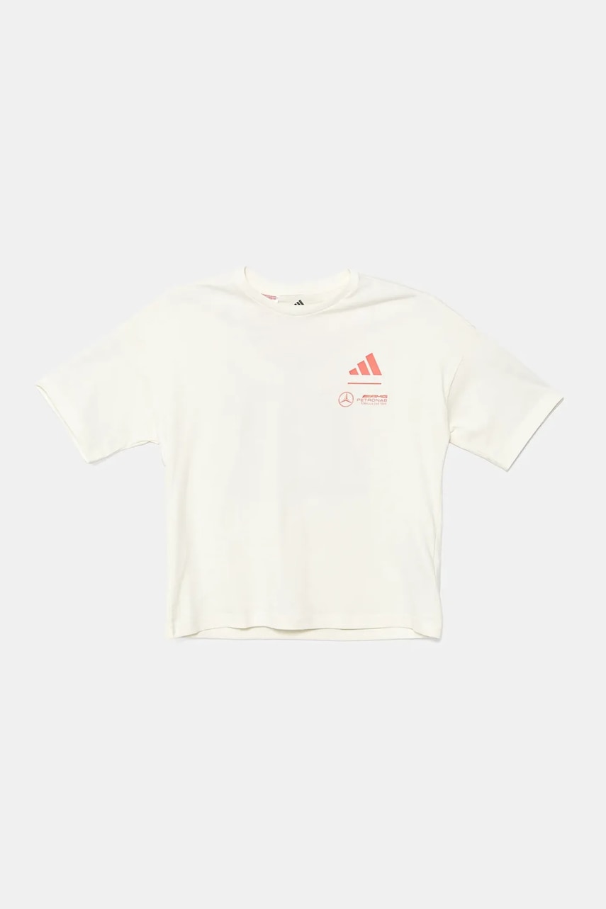 Dětské bavlněné tričko adidas Performance MERCEDES béžová barva, s potiskem, JX6280