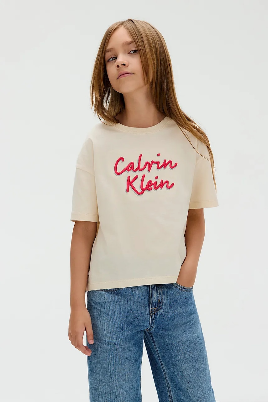 Dětské bavlněné tričko Calvin Klein Jeans béžová barva, IG0IG02973