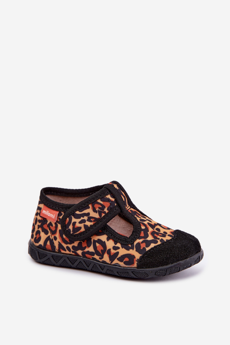 Dětské pantofle Milami s leopardím potiskem, žluté a černé