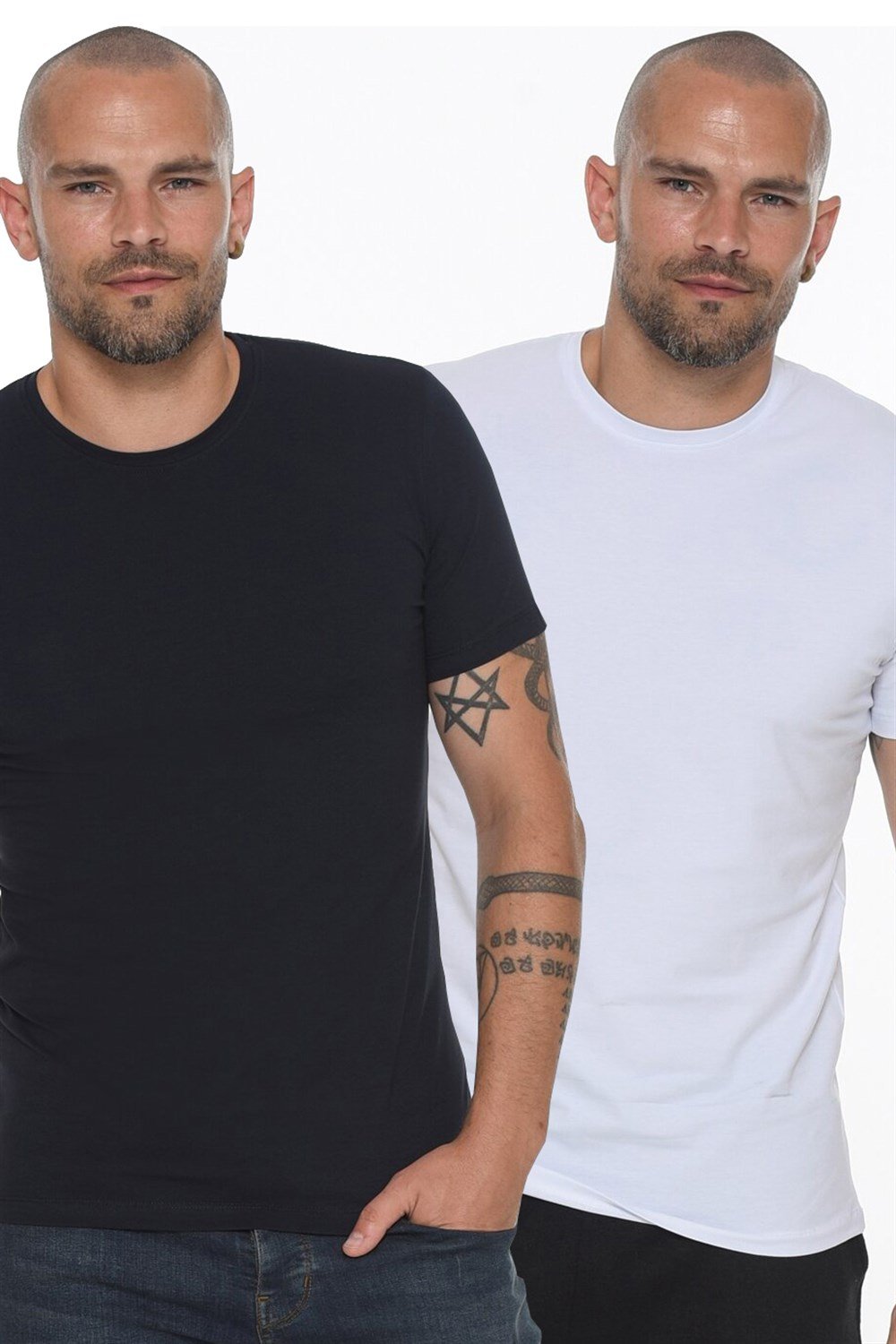 DOUBLE SET T8569 DEWBERRY BICYCLE COLLAR MEN'S T-SHIRT-WHITE - NAVY BLUE