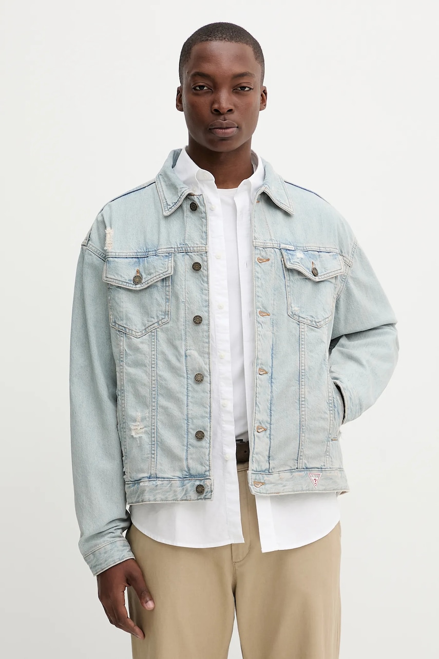 Džínová bunda Guess Jeans modrá barva, přechodná, oversize, M5YN38 D5M5A