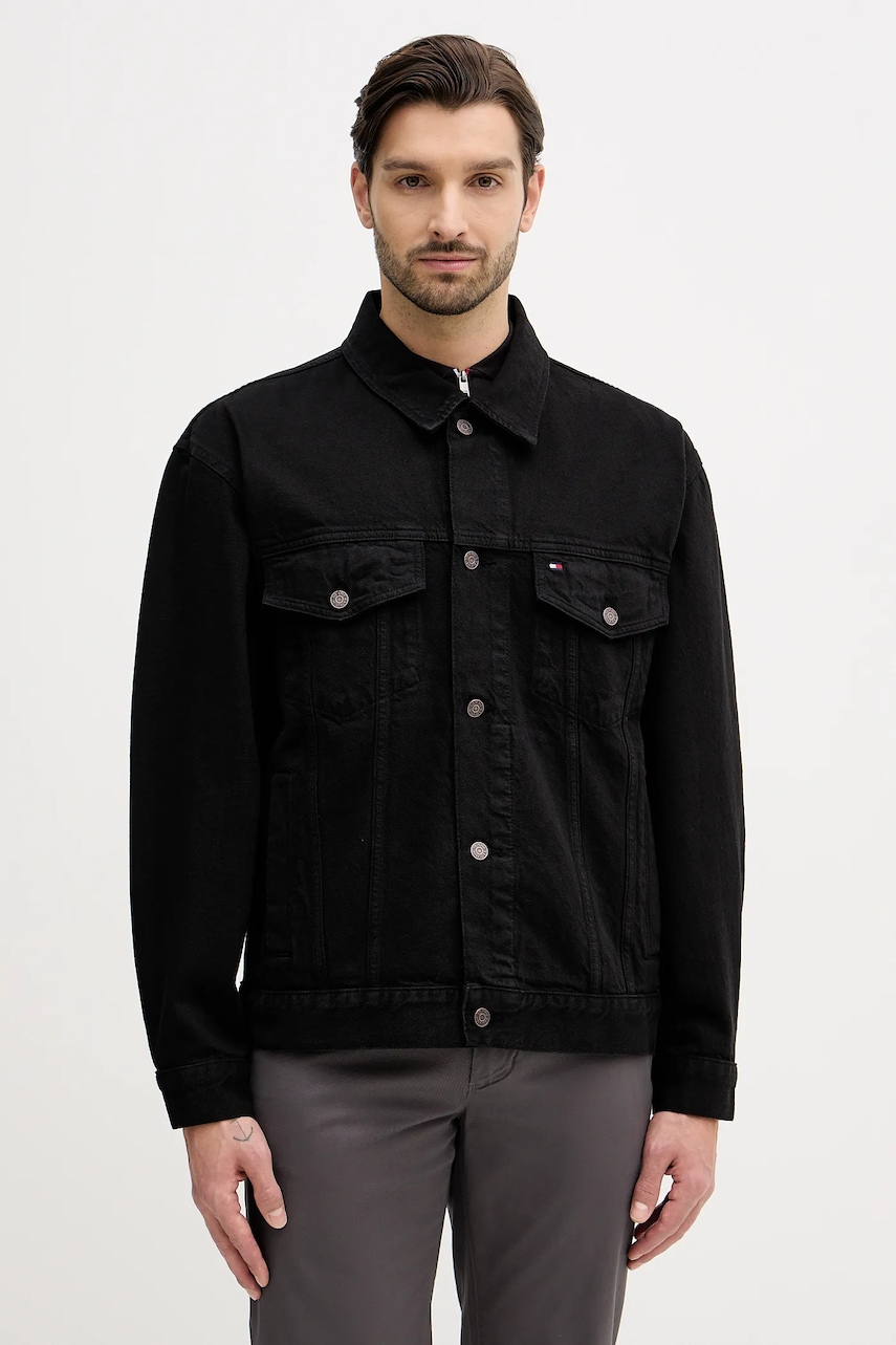 Džínová bunda Tommy Hilfiger černá barva, přechodná, oversize, MW0MW42616