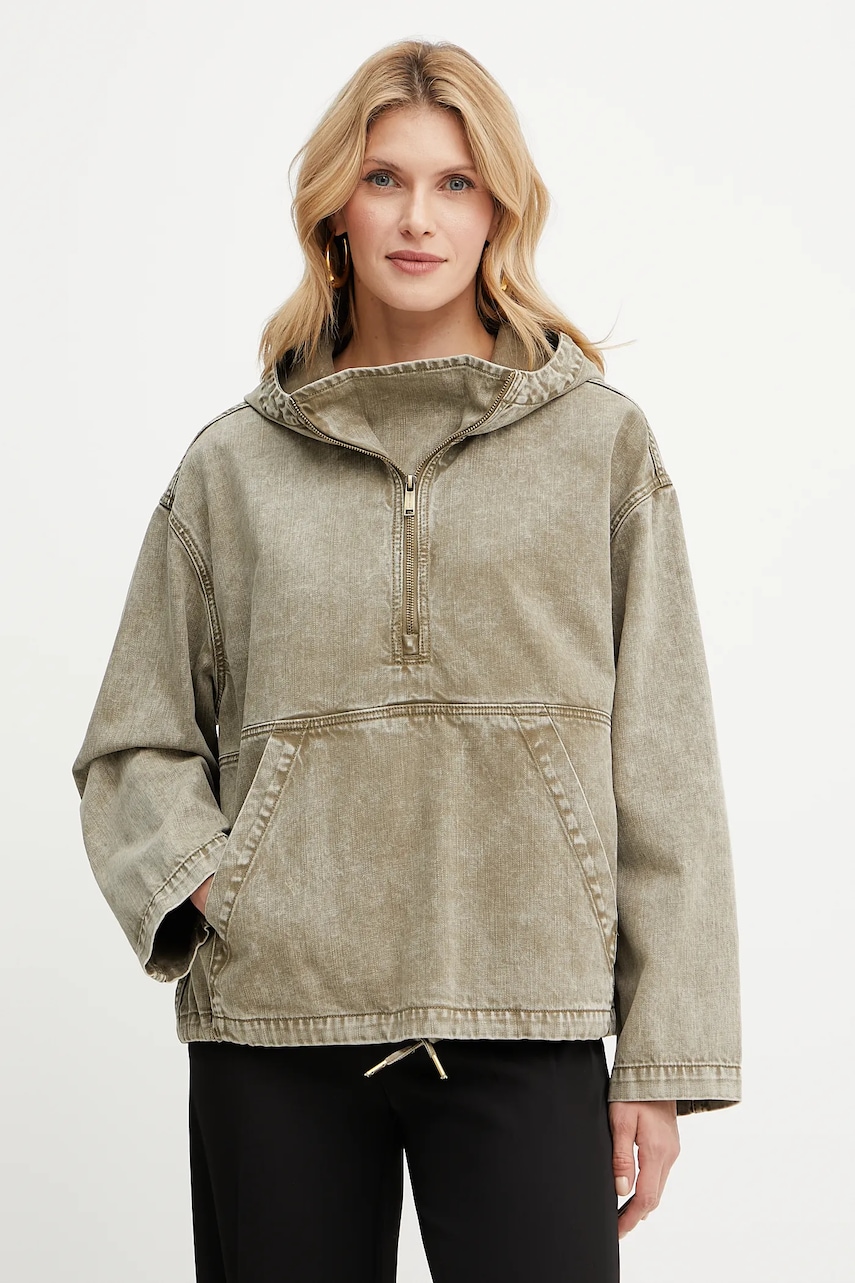 Džínová mikina MICHAEL Michael Kors dámská, zelená barva, s kapucí, hladká, MS510B44LN